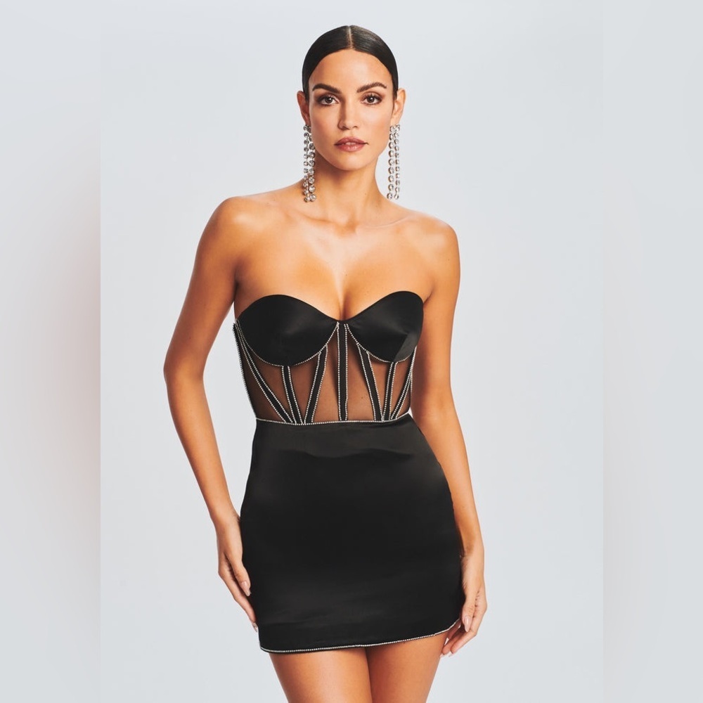 Retrofete Black Strapless Sheer-Corset Mini Dress